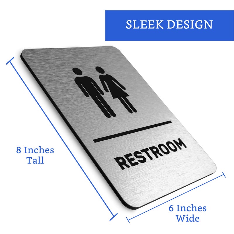 GLOBE ROCKET Unisex Restroom Sign (Brushed Aluminum) - Men and Women Modern Bathroom Signage - Restroom Signs for Business - Bathroom Signs for Business - Image 2